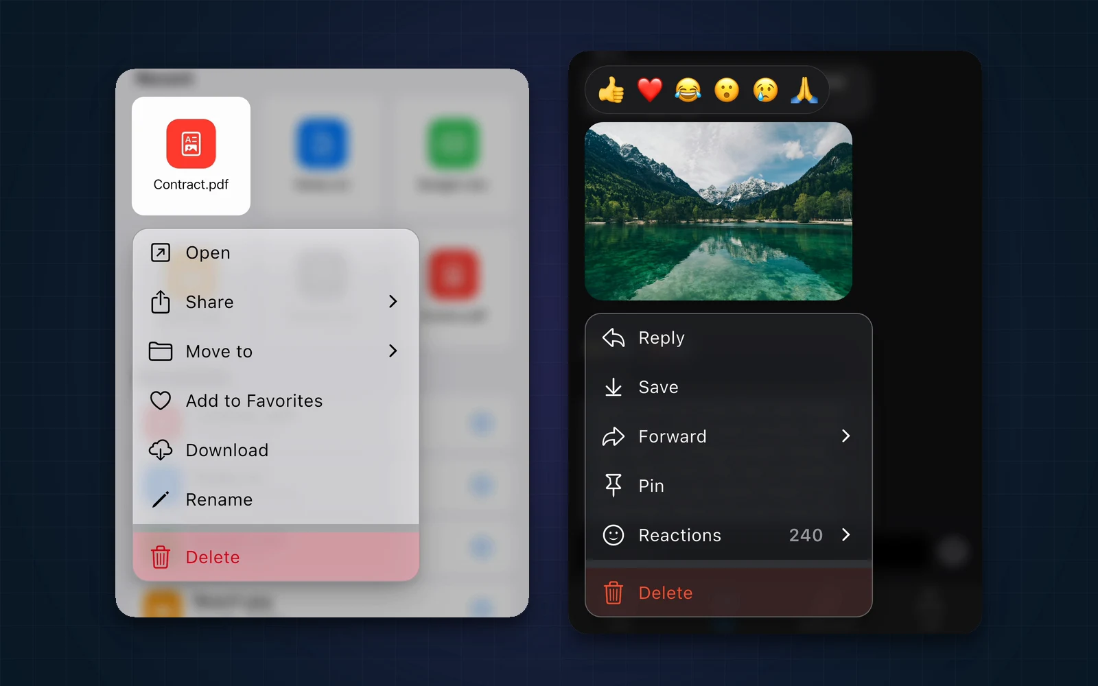 Context menus for a file in the light theme and for a photo with a reactions bar in the dark theme.